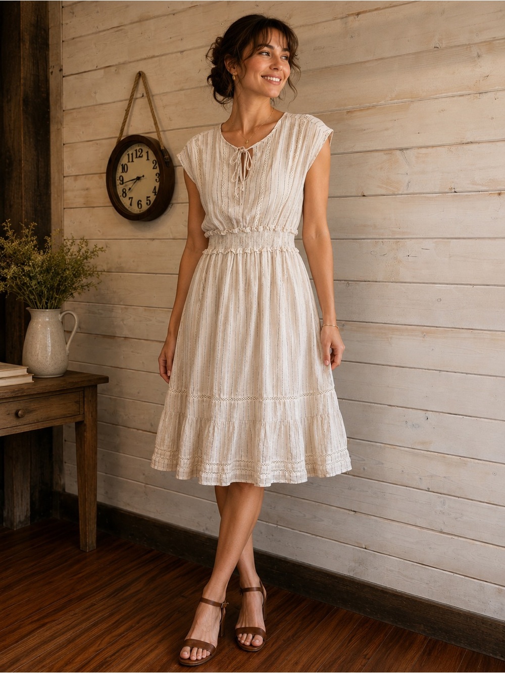 Black Tape | Cream & Shiny Silver Striped Linen Blend Dress - Picture 1 of 7